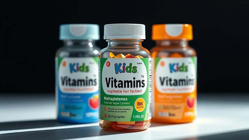 Multivitamínico infantil genérico em embalagem vibrante, suplemento nutricional completo para crianças saudáveis.
