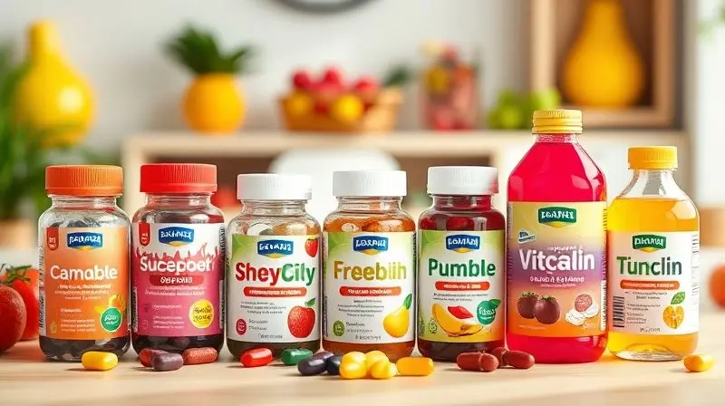 Opções de multivitamínicos mastigáveis e líquidos divertidos para crianças apoiarem o crescimento saudável.