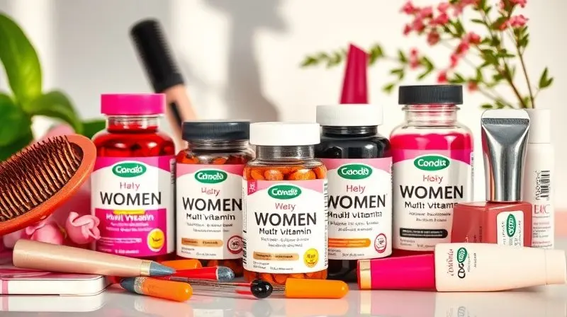 Suplementos multivitamínicos para mulheres melhorando hormônios, pele, unhas e cabelos com foco em beleza.