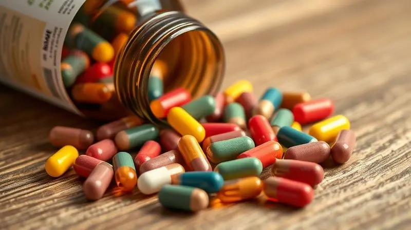 Cápsulas de vitaminas do complexo B saindo de frasco genérico.