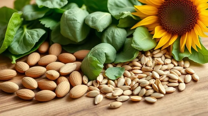 Fontes naturais de vitamina E como amêndoas e espinafre para saúde geral.