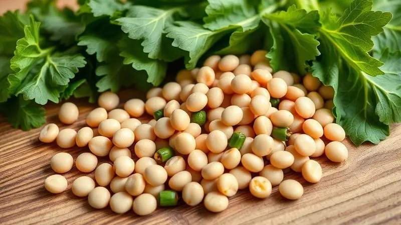 Fontes naturais de vitamina K2 MK7 como natto e vegetais folhosos para benefícios ósseos.