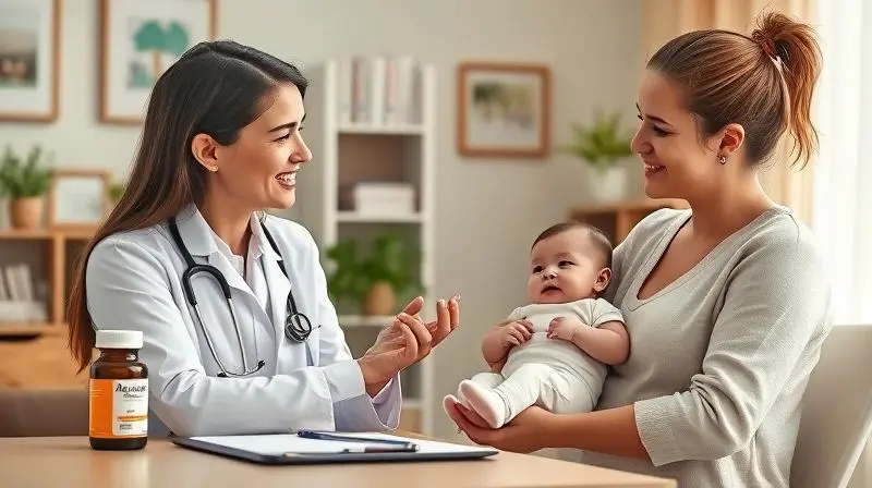 Pediatra respondendo dúvidas sobre vitamina D para bebês com mãe e criança em consulta.