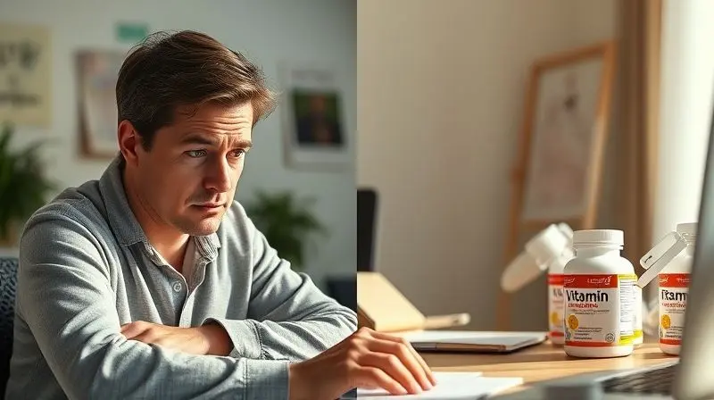 Pessoa superando cansaço com suplementos vitamínicos em ambiente de trabalho iluminado.