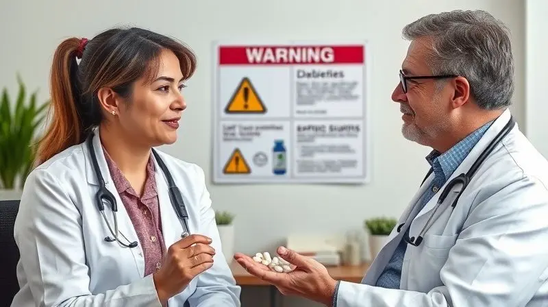 Médico orientando paciente diabético sobre precauções na suplementação segura de nutrientes.