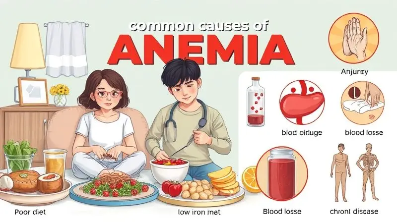 Causas principais de anemia: dieta pobre, perda de sangue e doenças crônicas.