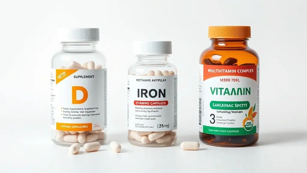 Vitaminas essenciais para mulheres amamentando: Vitamina D, ferro e complexo vitamínico em arranjo simétrico.