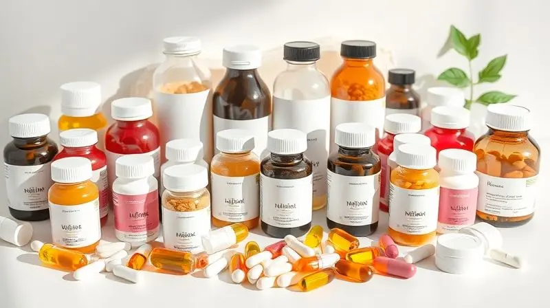 Seleção variada de vitaminas essenciais em frascos e pílulas para o bem-estar das mulheres.
