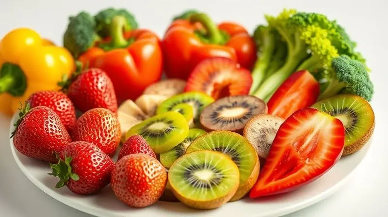 Fontes naturais de vitamina C em alimentos como morangos, pimentões e kiwis para dose diária recomendada.