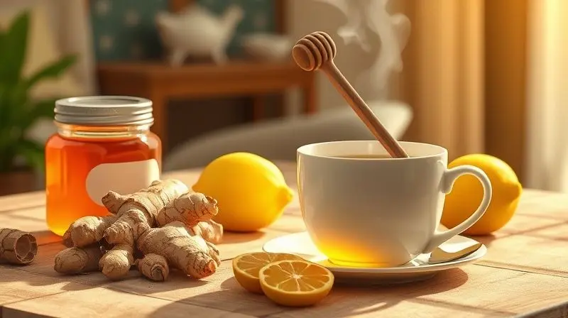 Remédios caseiros complementares como chá de gengibre com limão e mel para aliviar gripe e resfriado.