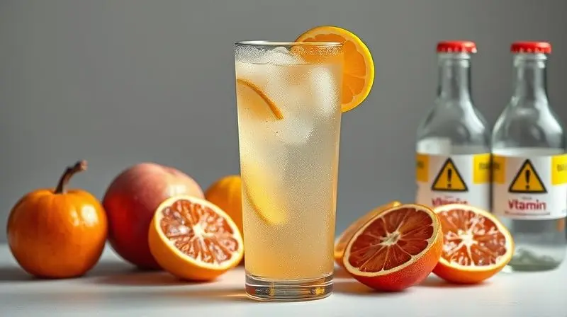 Imagem ilustrando riscos da vitamina C efervescente com elementos de precaução e efeitos colaterais.