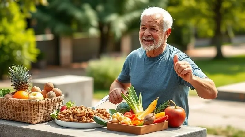 Homem maduro ativo com alimentação equilibrada, ilustrando saúde integral além de nutrientes essenciais.