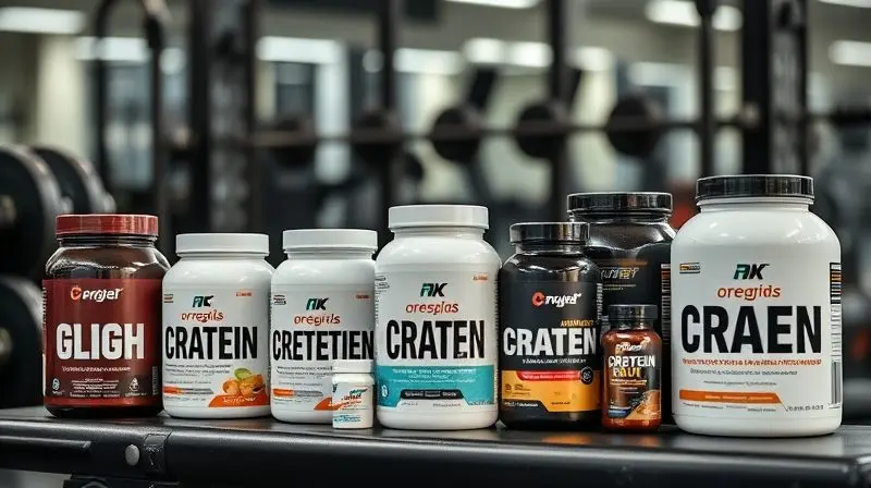 Seleção variada de suplementos para ganho de peso em ambiente de academia, fotografia realista e detalhada.
