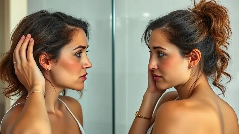Mulher verificando sinais de deficiência de vitaminas no cabelo e pele no espelho.
