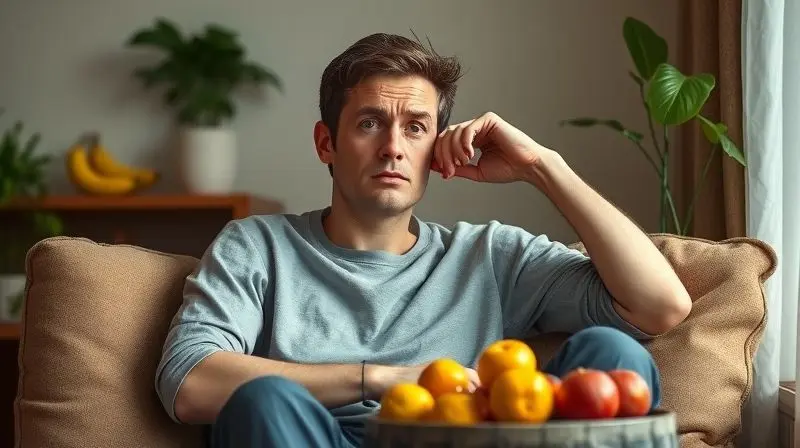 Pessoa exibindo sintomas leves de deficiência de vitamina C com frutas ao redor em cena realista.