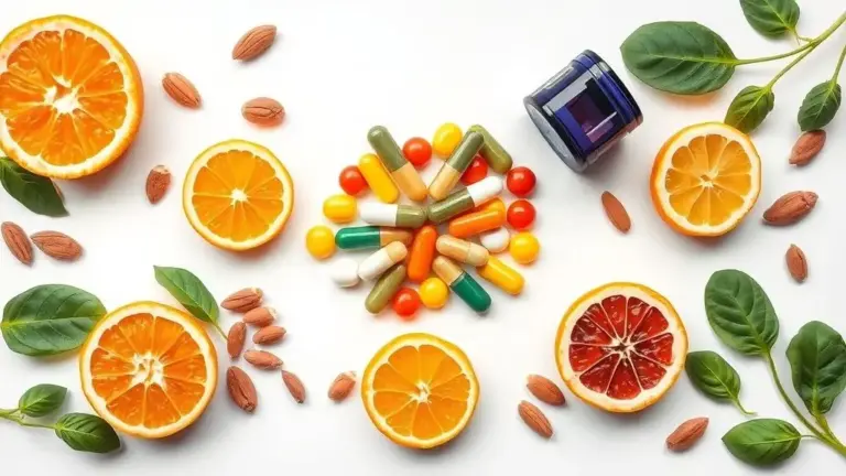 Arranjo simétrico de suplementos e alimentos ricos em vitaminas para fortalecer o sistema imunológico naturalmente.