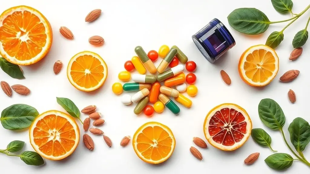 Arranjo simétrico de suplementos e alimentos ricos em vitaminas para fortalecer o sistema imunológico naturalmente.