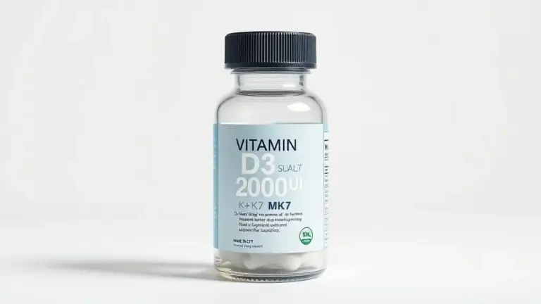 Frasco de suplemento vitamina D3 2000UI + K2 MK7 sem marca, ideal para saúde óssea e imunidade, em fotografia profissional.