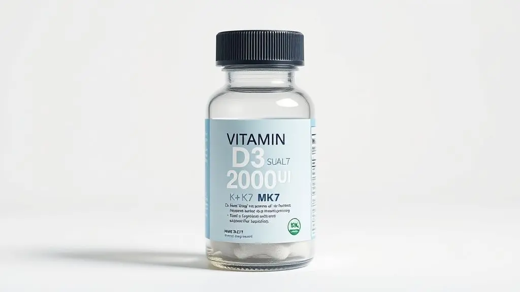 Frasco de suplemento vitamina D3 2000UI + K2 MK7 sem marca, ideal para saúde óssea e imunidade, em fotografia profissional.