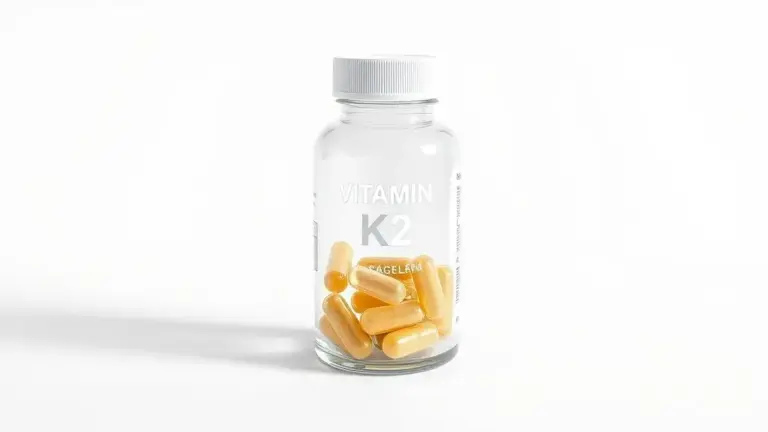 Suplemento de vitamina K2 em frasco de vidro transparente para benefícios ósseos e cardiovasculares.