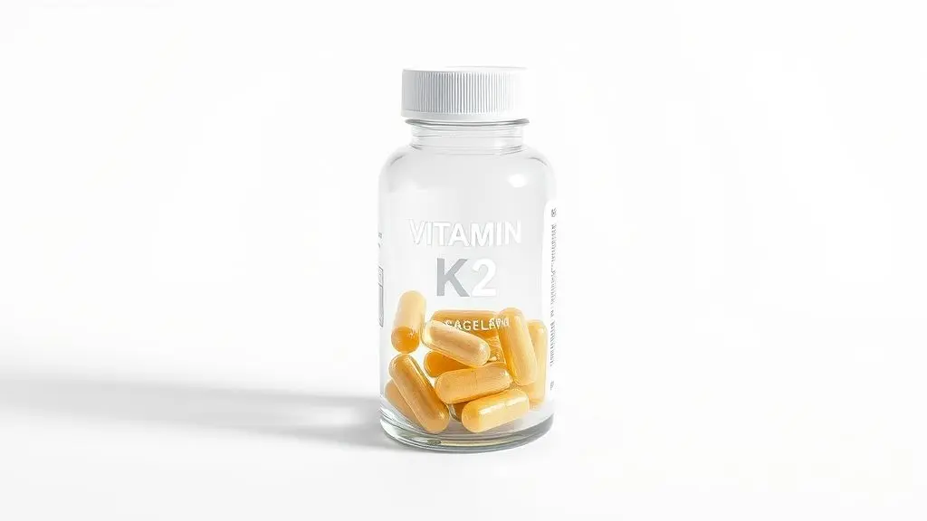Suplemento de vitamina K2 em frasco de vidro transparente para benefícios ósseos e cardiovasculares.