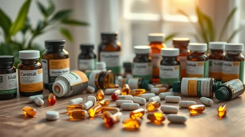 Diversos suplementos naturais sem marca para auxiliar no sono, dispostos em mesa de madeira com iluminação suave.