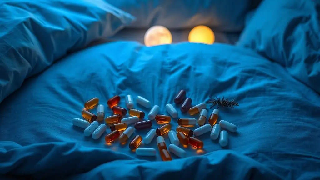 Composição harmoniosa de suplementos naturais sem marca para melhorar o sono, incluindo cápsulas e ervas em arranjo simétrico para uma noite perfeita.
