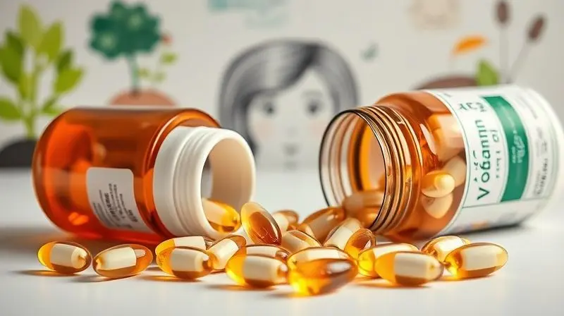 Cápsulas de suplemento de vitamina B12 para tratar e prevenir queda de cabelo.