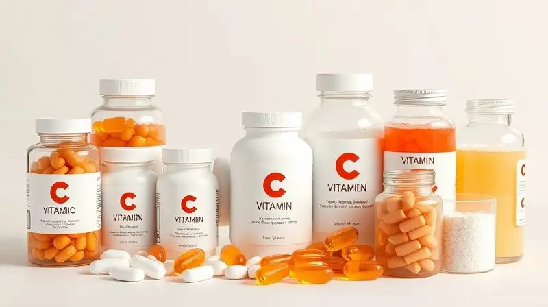 Suplementos de vitamina C em comprimidos, cápsulas e pós efervescentes em composição fotográfica profissional.
