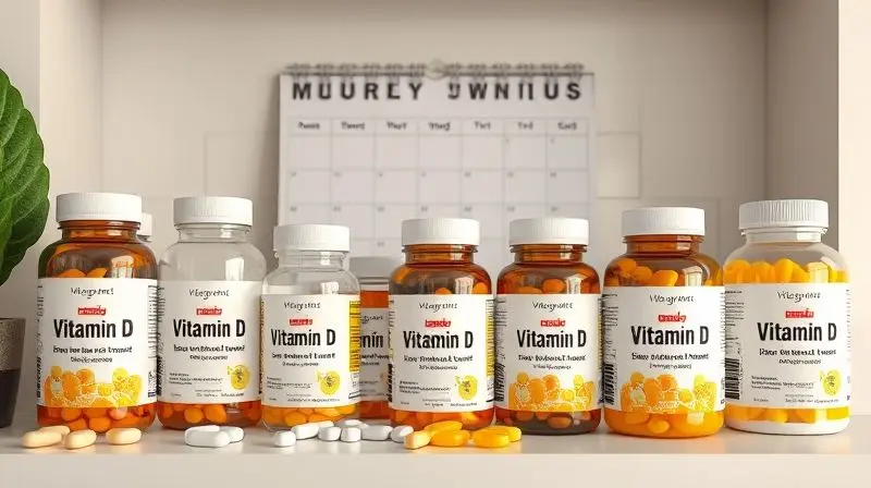 Suplementos de vitamina D organizados para uso diário e rotinas de saúde.