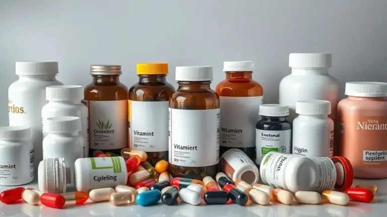 Arranjo simétrico de suplementos vitamínicos essenciais para idosos, destacando saúde plena e nutrição balanceada.