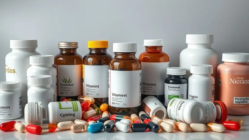 Arranjo simétrico de suplementos vitamínicos essenciais para idosos, destacando saúde plena e nutrição balanceada.
