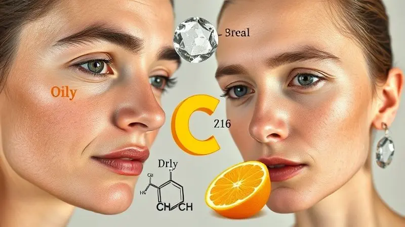 Comparação de tipos de pele e formas de vitamina C, ajudando a identificar o sérum ideal para diferentes necessidades.
