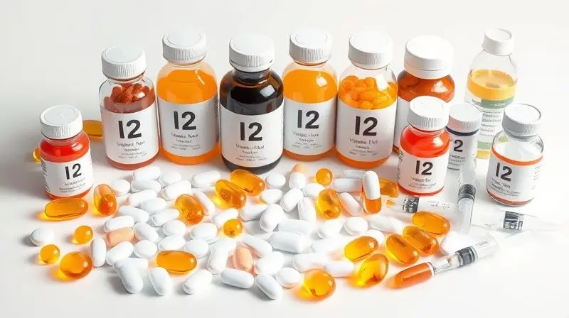 Diferentes tipos de suplementos de vitamina B12 sem marca para idosos, variados formatos.