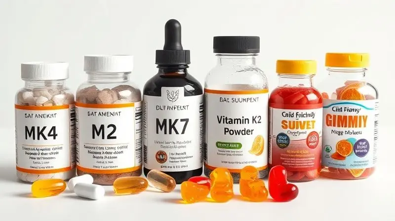 Diferentes tipos de suplementos de vitamina K2 MK4, MK7 e para crianças.