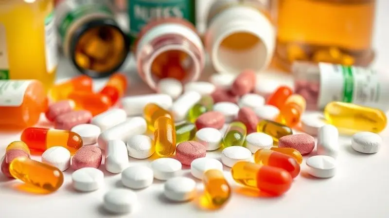 Tipos de suplementos vitamínicos para idosos: comprimidos, gomas e líquidos em arranjo variado.