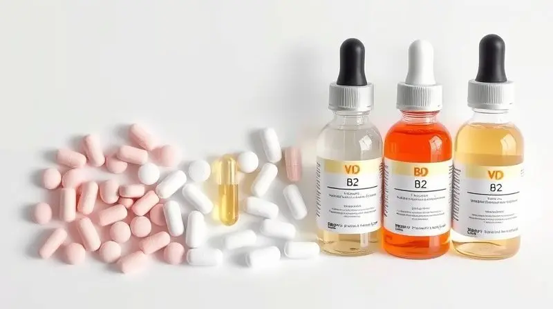 Tipos de vitamina B12: sublingual, cápsulas e gotas em comparação visual.