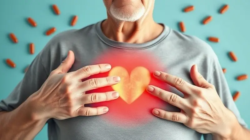 Idoso saudável com coração protegido por vitamina B12, ilustrando benefícios cardiovasculares.