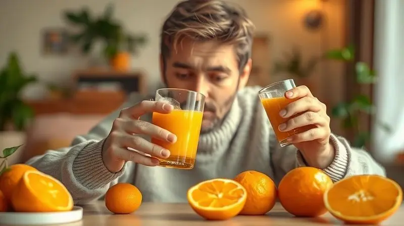 Pessoa bebendo suco de laranja aliviando sintomas de resfriado com frutas cítricas em ambiente acolhedor.
