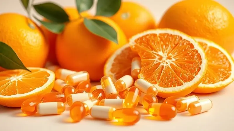 Vitamina C de frutas e suplementos, destacando benefícios para imunidade e saúde após os 40.
