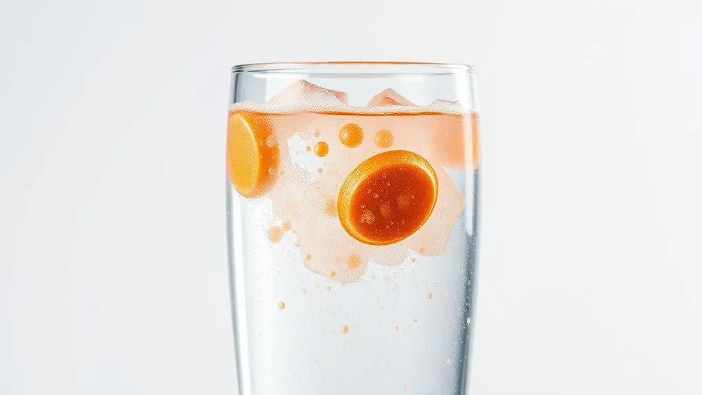Vitamina C efervescente dissolvendo em água com bolhas vibrantes, imagem profissional destacando benefícios para a saúde.