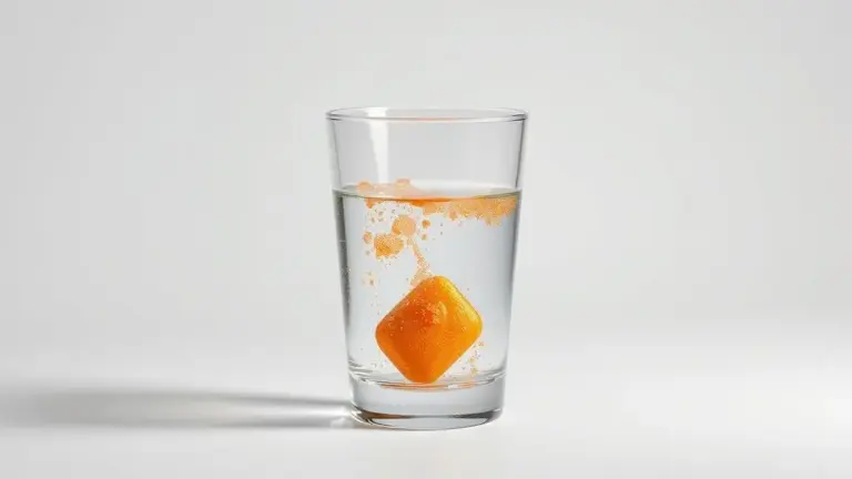 Vitamina C efervescente dissolvendo em água com bolhas laranja vibrantes, suplemento para imunidade e saúde diária.