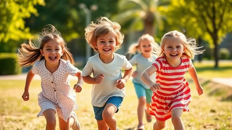 Crianças brincando ao sol para absorver vitamina D essencial ao crescimento.