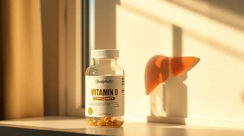 Vitamina D sob luz solar ao lado de representação do fígado, destacando benefícios hepáticos.