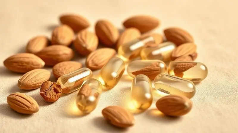 Vitamina E de amêndoas e cápsulas para pele e imunidade em mulheres maduras.