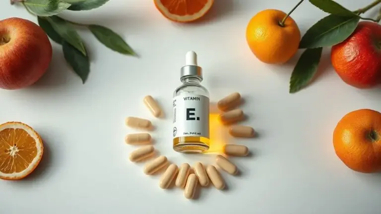 Suplemento de vitamina E em cápsulas e óleo para benefícios à saúde, pele e imunidade, imagem profissional.