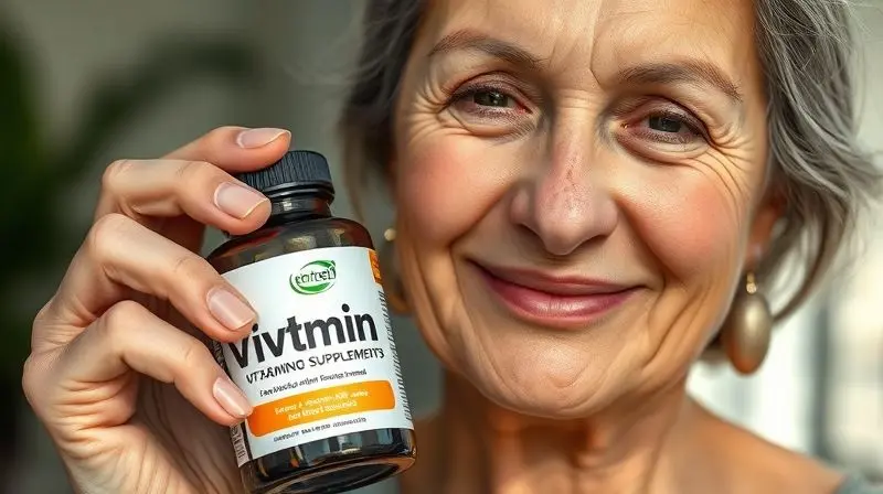 Mulher aliviada tomando vitamina para sintomas de menopausa.
