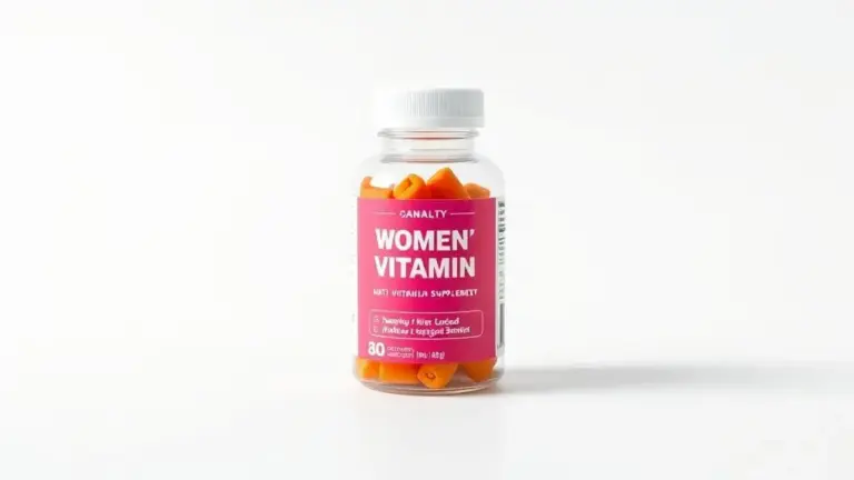 Foto profissional de vitamina para mulheres em embalagem neutra, destacando detalhes nutricionais para saúde feminina.