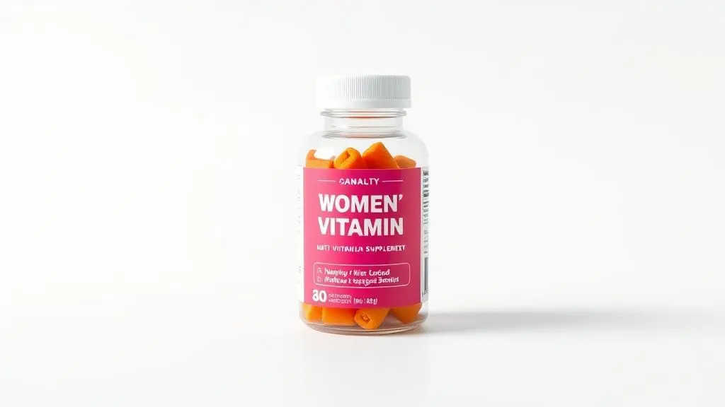 Foto profissional de vitamina para mulheres em embalagem neutra, destacando detalhes nutricionais para saúde feminina.