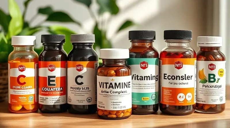 Vitaminas essenciais C, E e complexo B para mulheres após os 40 anos em arranjo fotorealista.